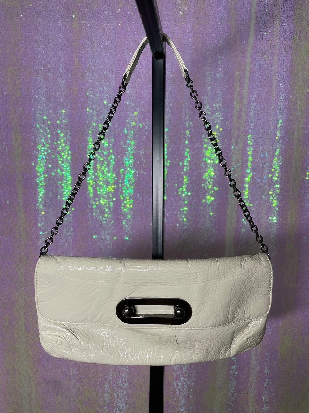 Hobo International Alicia Patent Shoulder Bag White Crinkled Leather Chain Strap